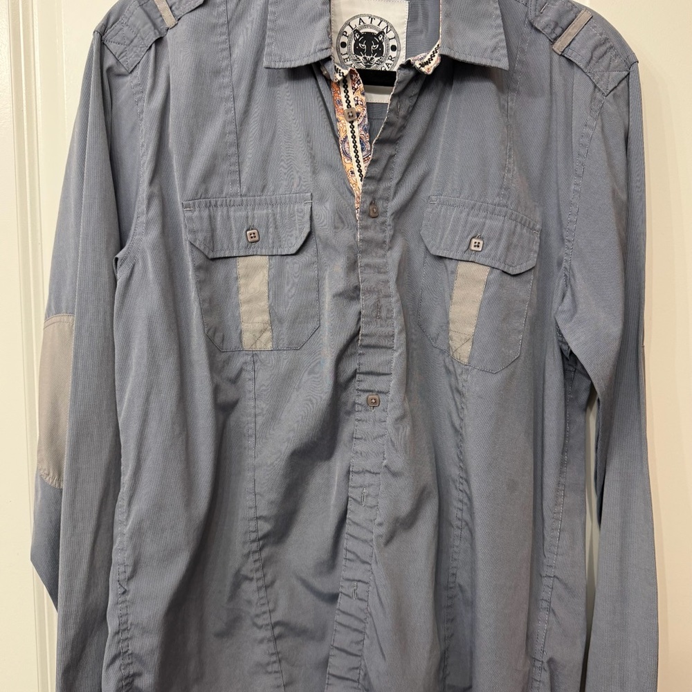 Blue Pin Striped Shirt with Paisley Lined Cuffs and Button Placard